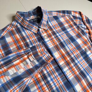 Chaps Mens XL Long Sleeve Button Down Shirt Orange Blue Plaid Cotton Classic Fit